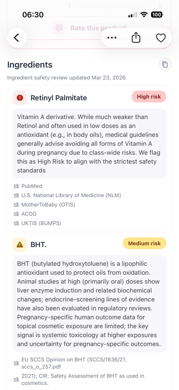 MamaSkin ingredient risk explanations with medical and regulatory sources