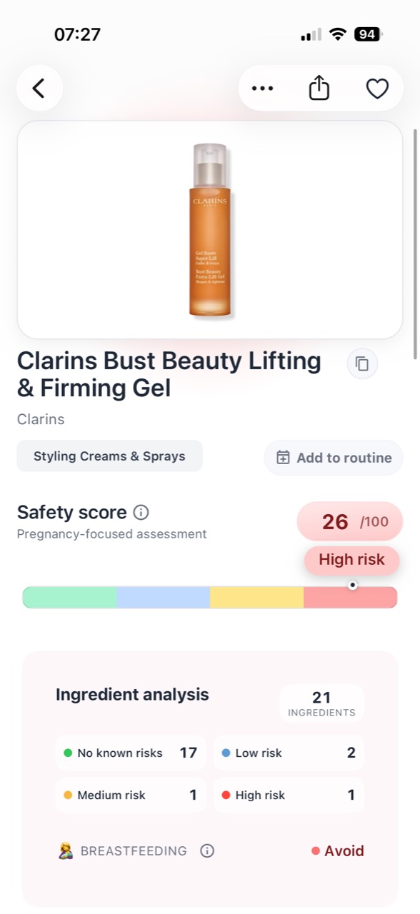 A complete MamaSkin product safety score with ingredient analysis
